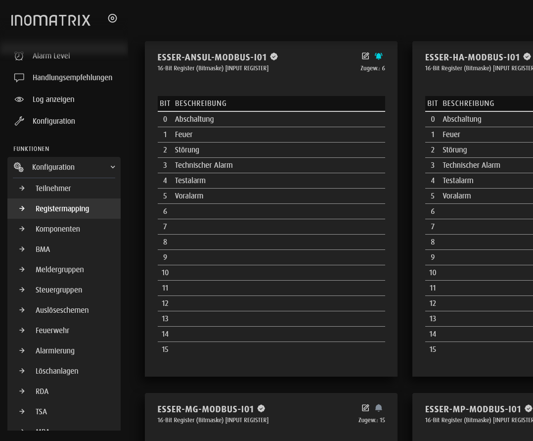 InoMatrix Registermapping Screenshot aus dem Live Dashboard