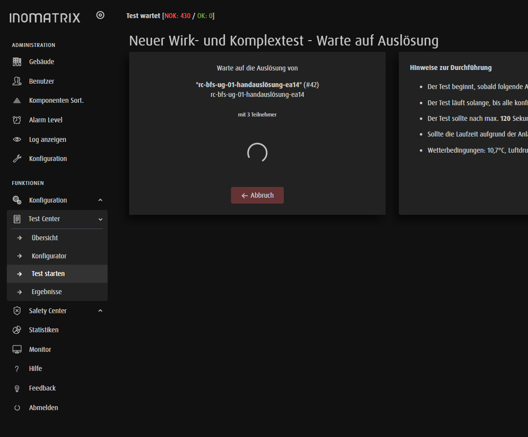 Wirk-Prinzip-Prüfung InoMatrix Screenshot - laufender Test im Dashboard